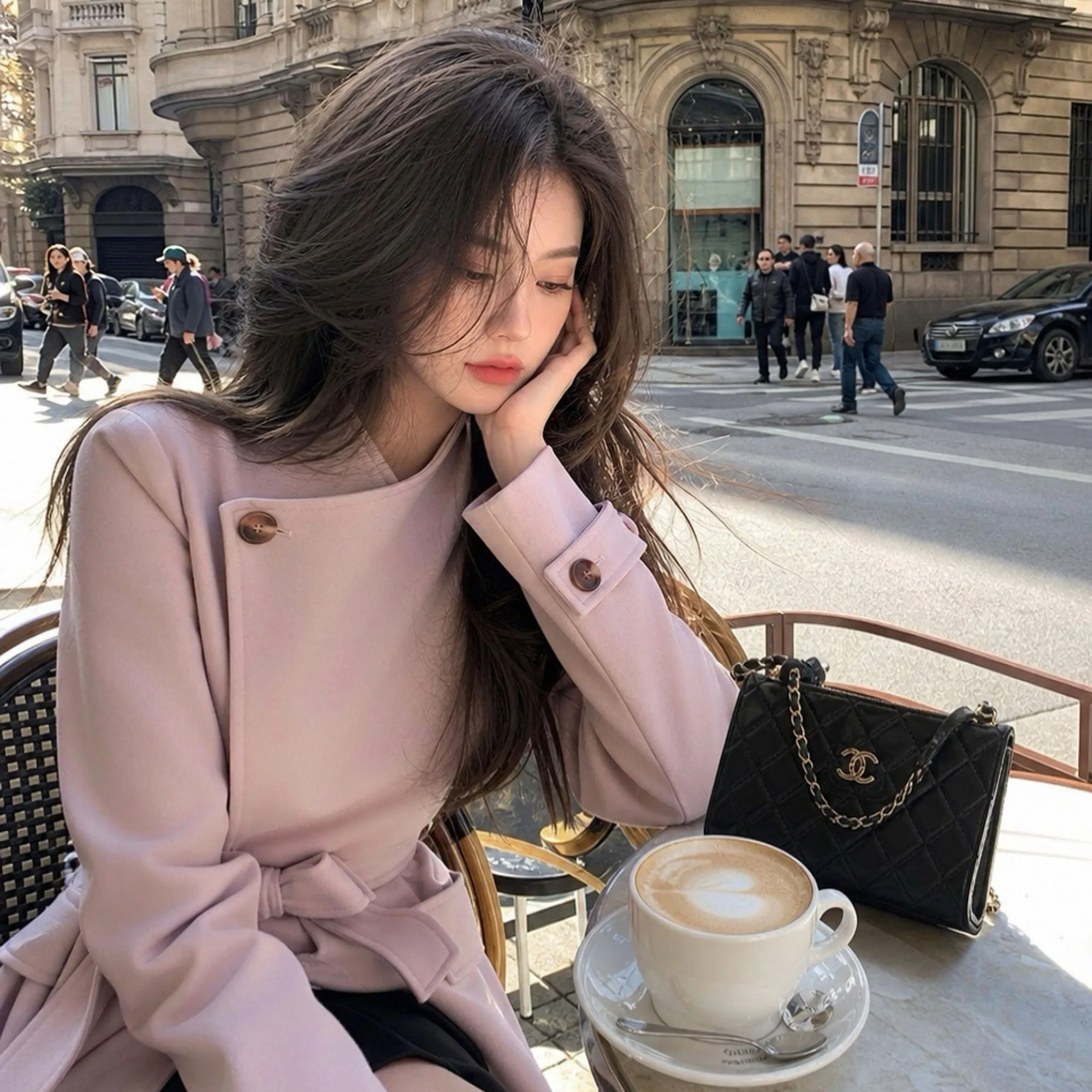 Elegant Women Trench Coat Autumn Vintage Stand Collar Windbreaker with Belt Mid-Length Cross Wrap Jacket Outerwear DM3CTC004