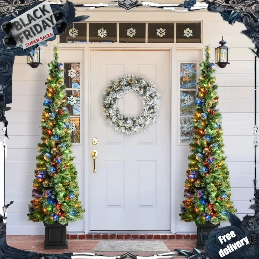 

2 Pack Artificial Christmas Tree, 7 FT Pre-Lit Green Pine Entrance Trees Christmas Porch Tree with 200 Warm White Lights