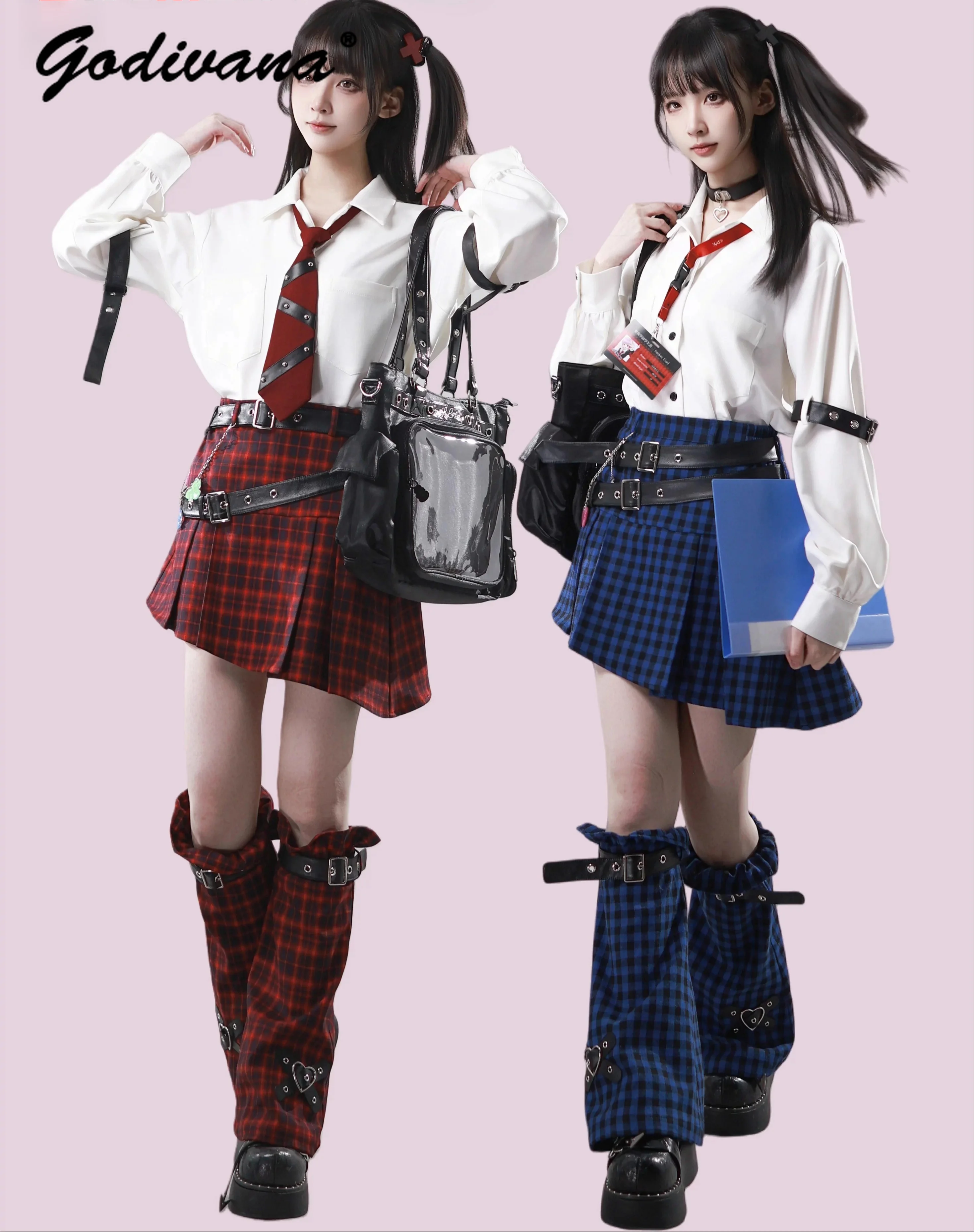 Sweet Cool Girls Y2k Oblique Plaid Skirts Spring and Summer High Waist Belt Slim Short Skirt with Leg Warmers