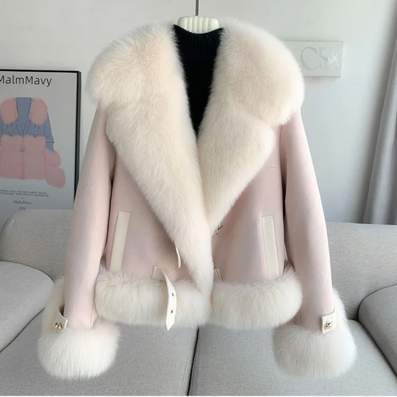 Women Faux Fox Fur Coats Shearling Suede Jacket Lace Up Turn Down Fur Collar Thick Warm Casual Office Lady 2025 Autumn Winter