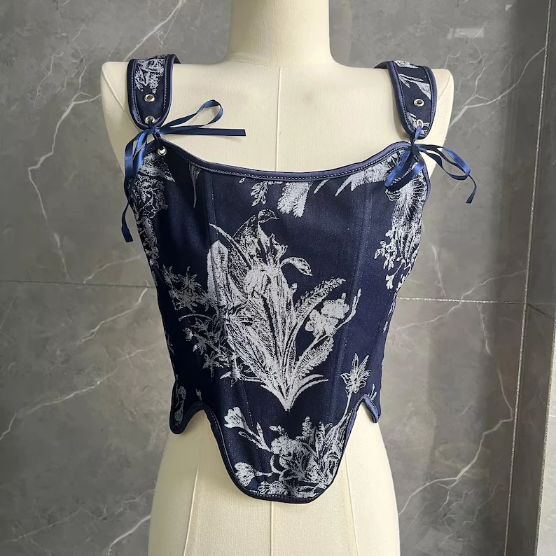 

Blue flower corset top, Renaissance style vintage corset, retro fashion elegant versatile short corset
