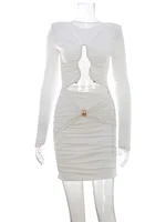 CNYISHE O Neck Hip Wrap Women Dresses Long Sleeve Hollow Out Fashion Sexy Club Skinny Solid Hip Wrap Bodycon Female Elegant - Image 6