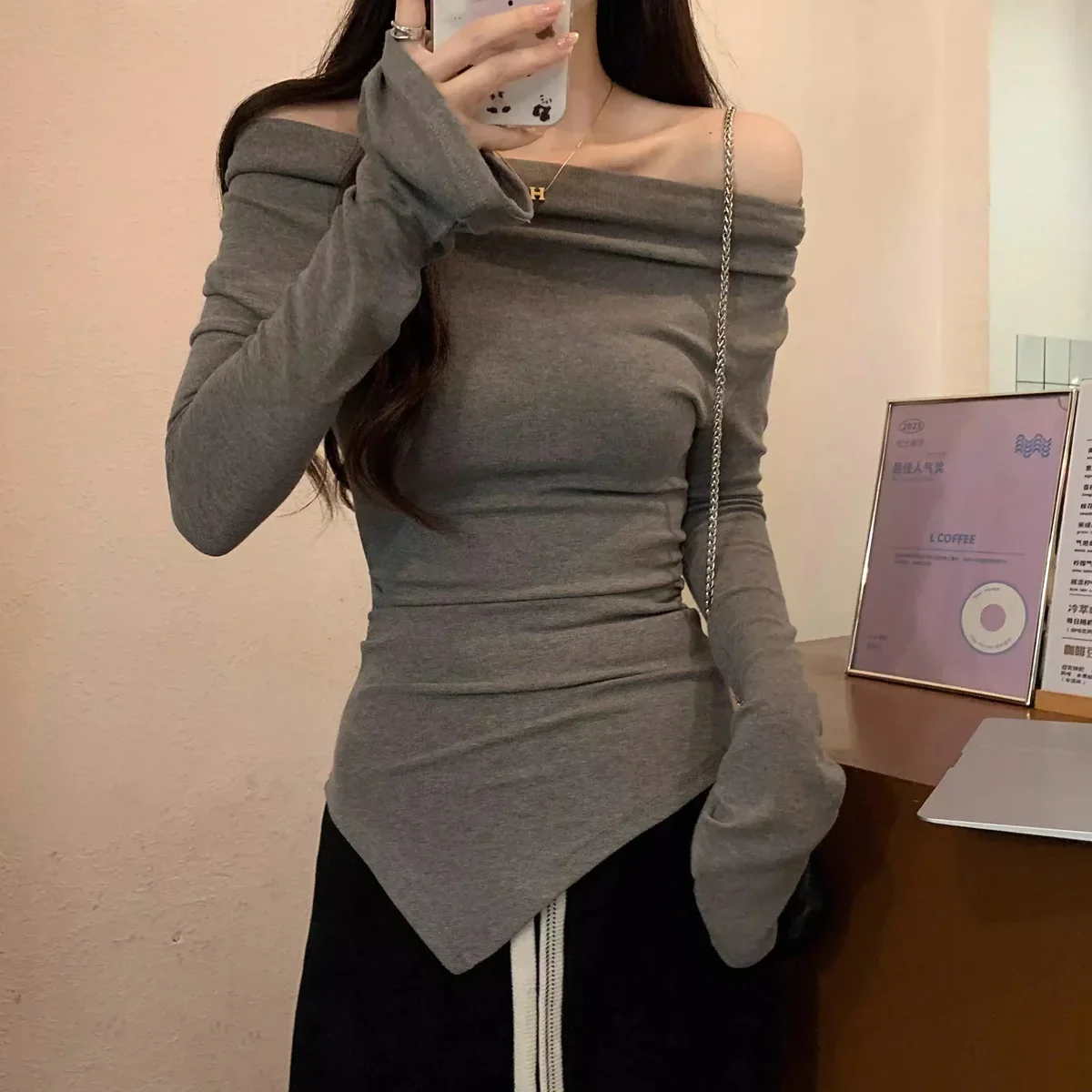 Fashion Irregular Women T-shirt spring autumn long Sleeve slash-Neck casual Solid Slim t shirt Ladies y2k Top Clothes Streetwear
