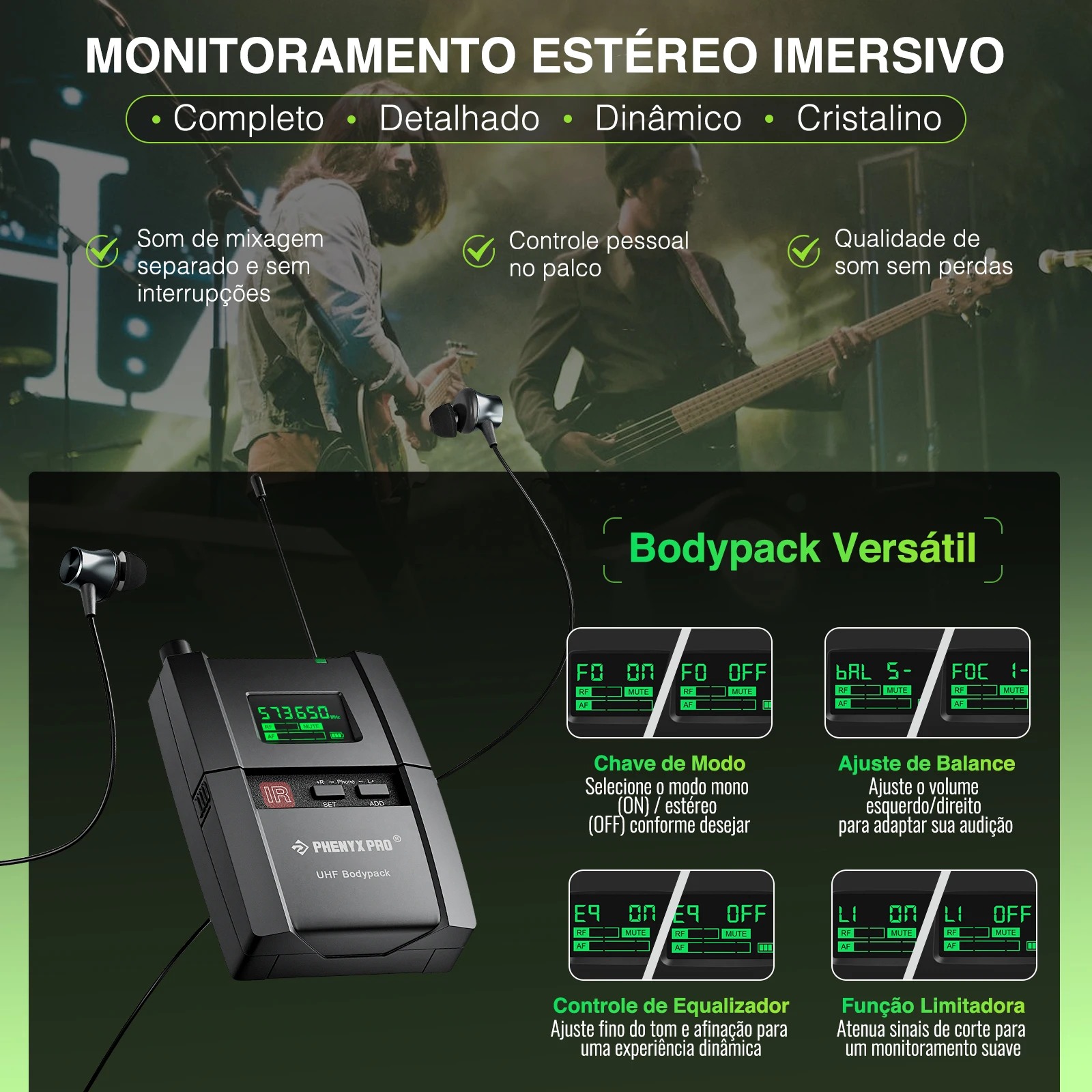 Phenyx Pro PTM-10 Stereo Wireless In Ears Monitor System Stage Return Bodypack Receiver,IEM system 900MHz/500MHz Frequency Band