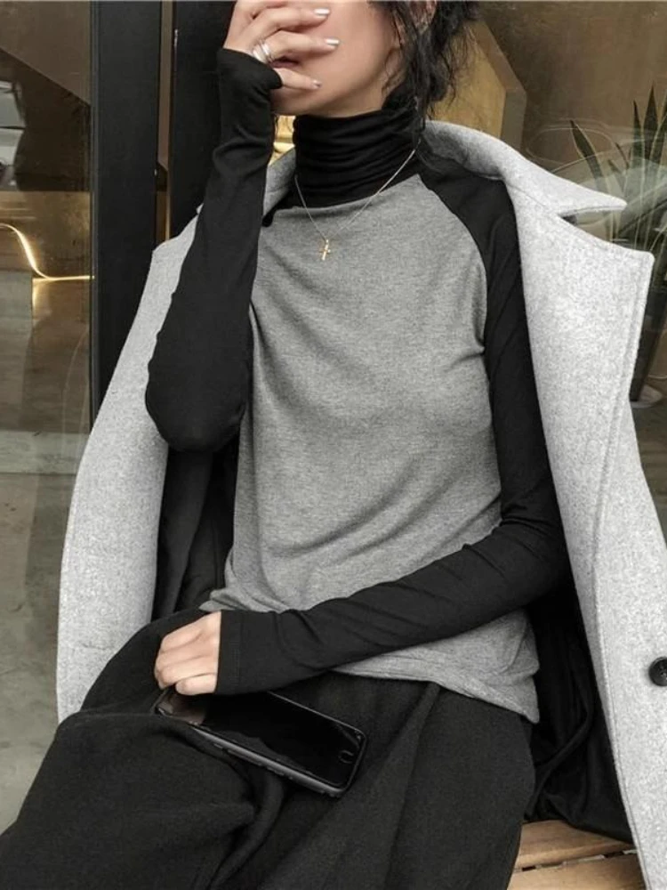 Outono inverno novo y2k cor bloqueando blusas de malha roupas femininas moda elegante magro topos vintage quente pulôveres de gola alta