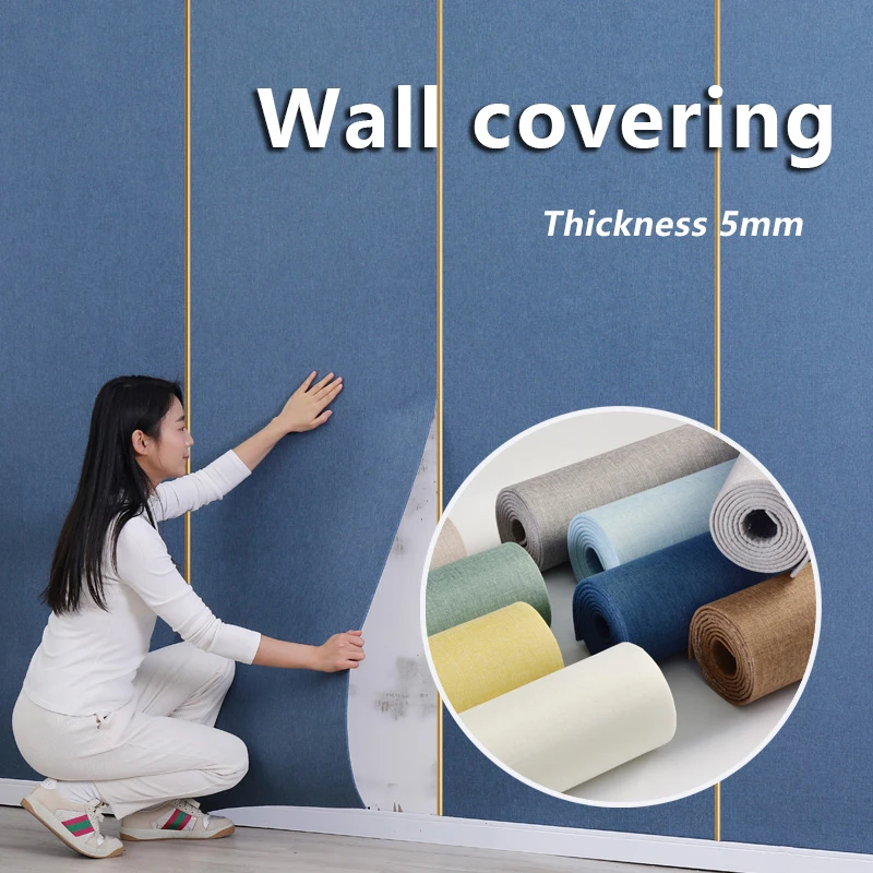 3D Self-adhesive Wall Cloth Soundproof and Moisture-proof Bedroom Living Room Background Wall Decorative Wall Stickers 5mm Linen