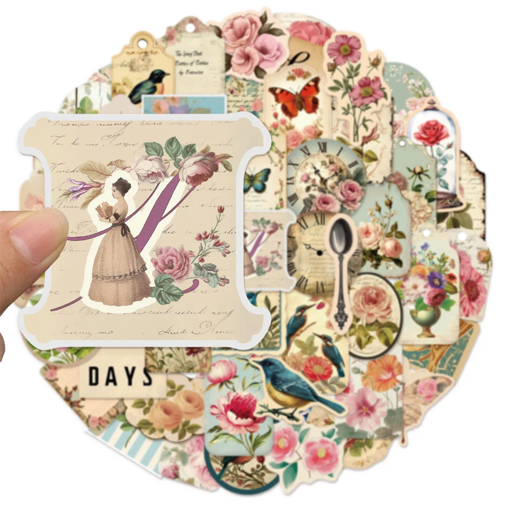 

10/30/50pcs Retro Art Paper Flower Aesthetic Stickers Cartoon Creative Graffiti Decals Scrapbook Guitar Phone Sticker Decoration