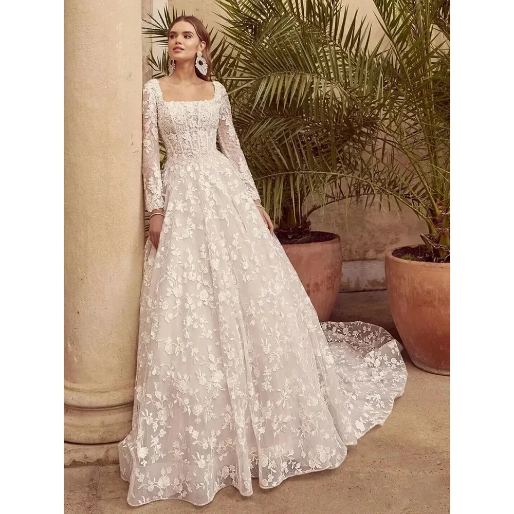 Customzied Elegant Square Neck Wedding Dress Lace Appliques Beaded Long Sleeve Bridal Gown A-Line Floor-Length Bride Dress