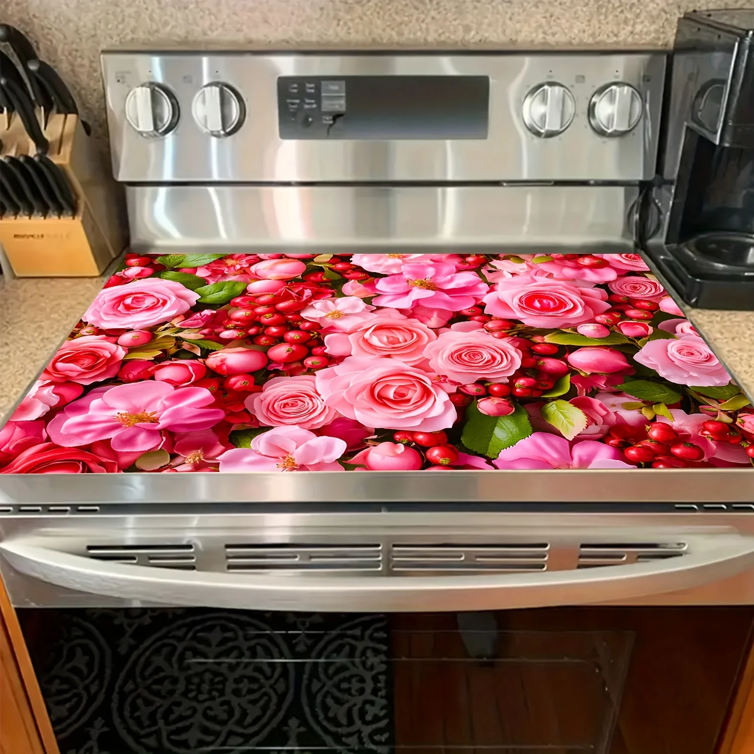 Vibrant Pink Rose Berry Flower Stove Top Cover,Non-Slip Kitchen Mat,Decorative Protector Pad Gas Cooktop,Fun Kitchen Accessory