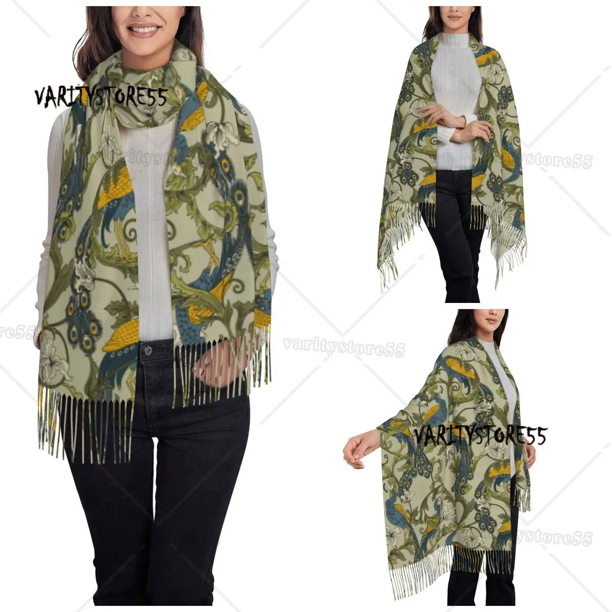 Women's Tassel Scarf William Morris Large Super Soft Shawl Wrap Birds Flowers Gifts Pashmina Scarves