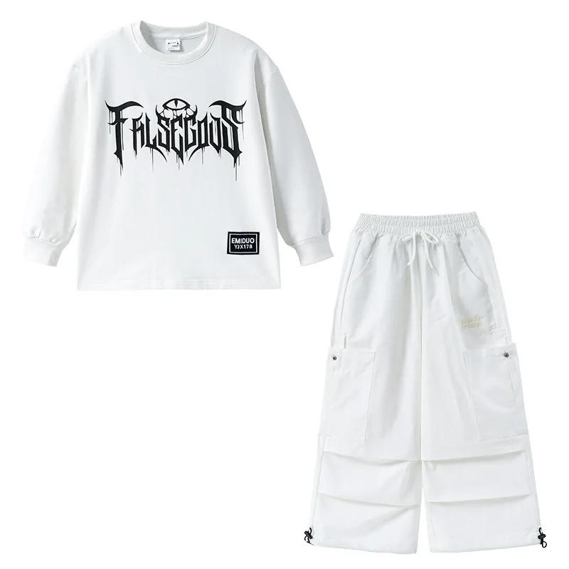 キッズK-POPヒップホップ服、黒白レタースウェットシャツトップス、カジュアルパラシュートカーゴパンツ、女の子男の子ダンスウェアコスチューム服