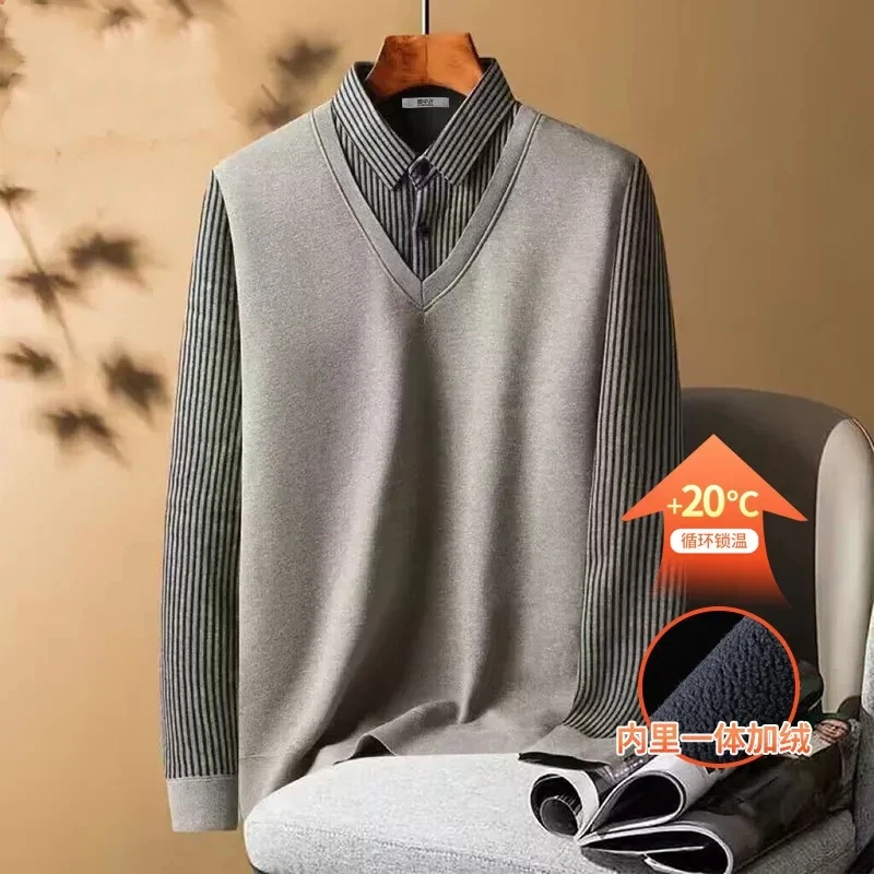 Herbst und Winter Neue Alle Spiel männer Plüsch Dicke Gefälschte Zwei Stück Gestrickte Pullover Papa der Warme Hemd Kragen mode Top