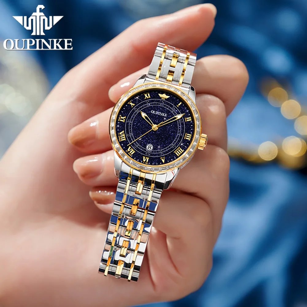 OUPINKE Original Women's Automatic Mechanical Watch Top Luxury Diamond Lap Starry Sky Dial Classic Elegant Ladies Wristwatches