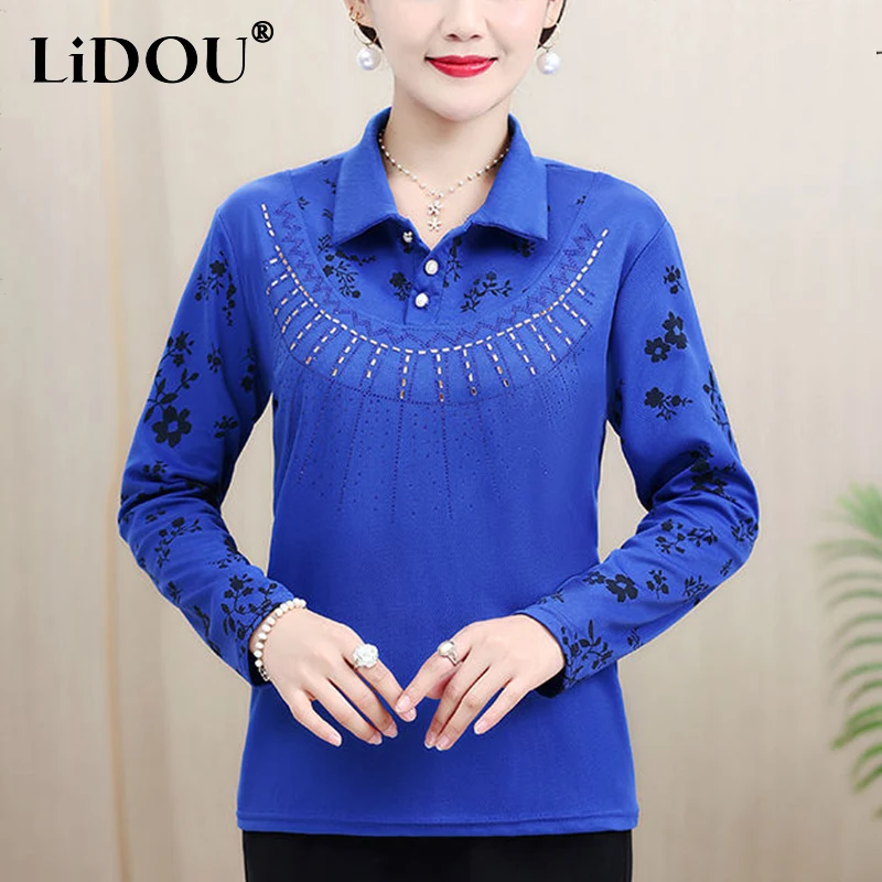 

Рубашка женская с цветочным принтом, Элегантная Модная универсальная блузка на пуговицах, пуловер в стиле пэчворк со стразами, лето-осень