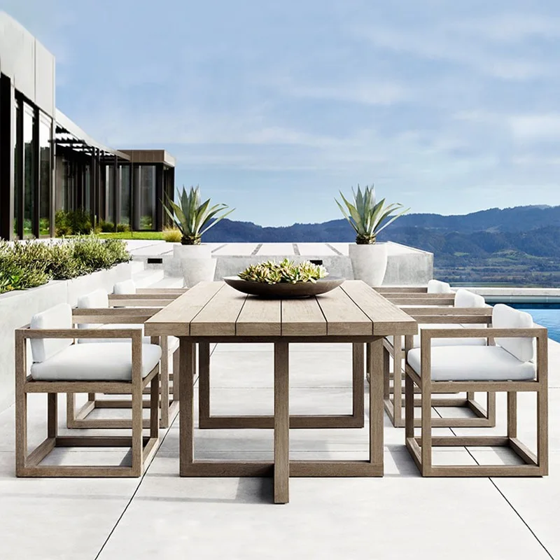 2023 New Arrival Patio Garden Dining Table And Chairs Outdoor Leisure Teak Rectangular Dining Table Set