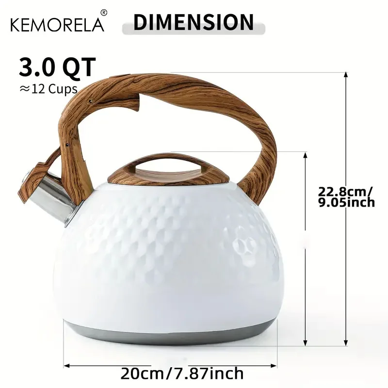 KEMORELA 3L Stainless Steel Heat-Resistant Hammer Pattern Whistle Sound Kettle Wooden handle Boiling Kitchenware Gas Induction