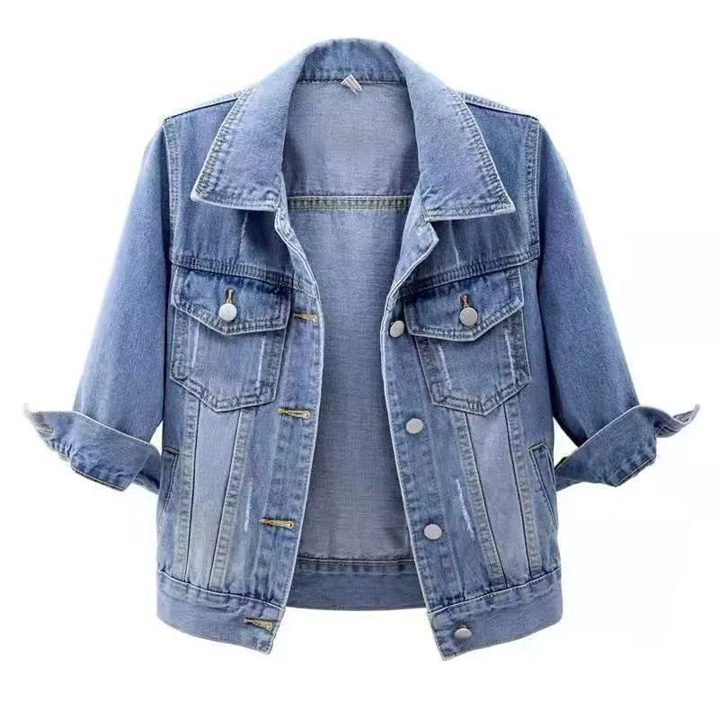 Cropped 3/4 Sleeve Denim Jacket Women Spring Autumn Slim Versatile Student Outerwear