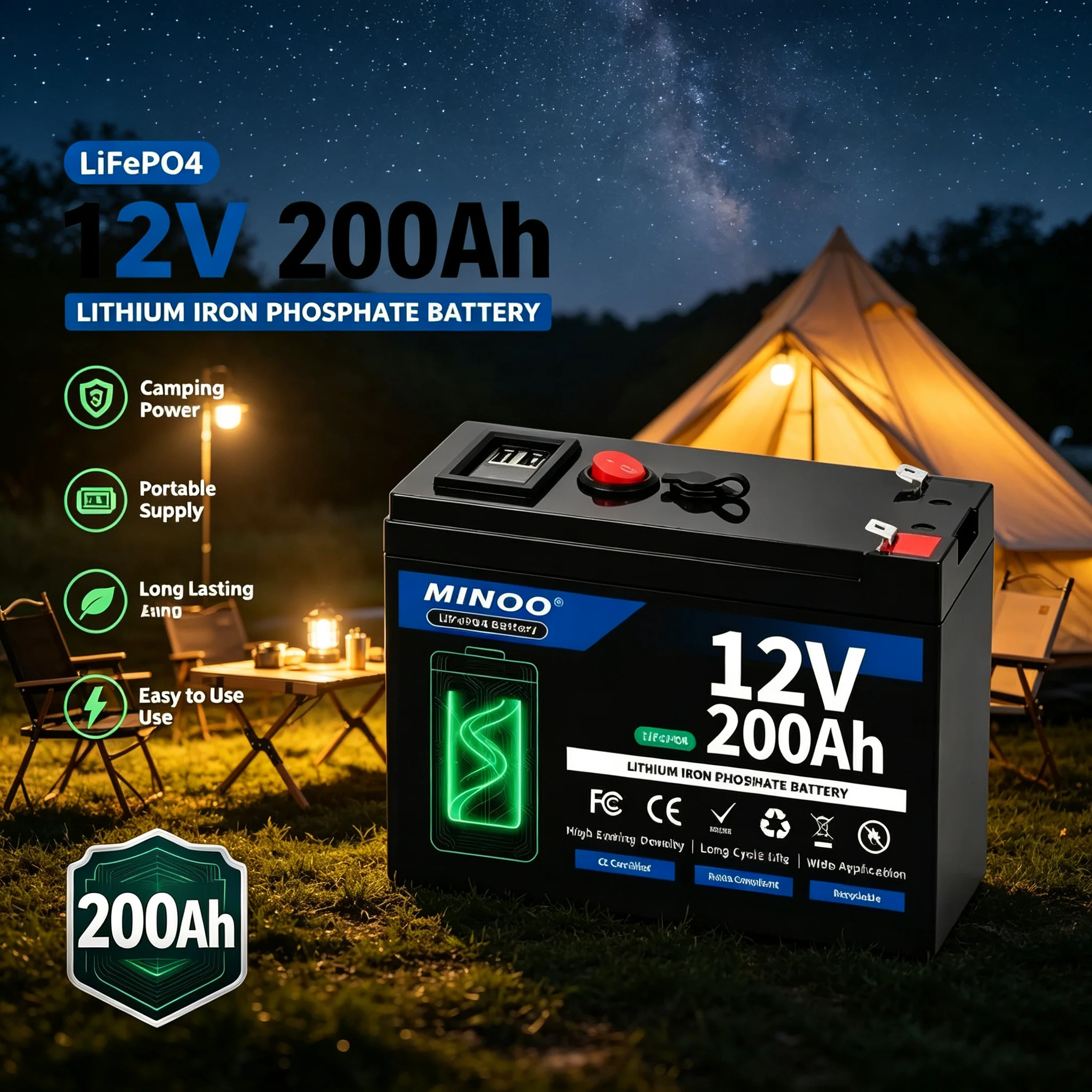 12V 200Ah LiFePO4 Solar Battery Deep Cycle Rechargeable Built-in BMS Lithium 200000mAh for Power Wheels Scooters Fish Finder