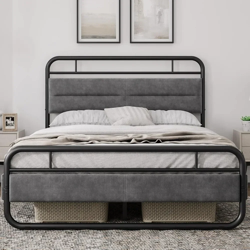 

#For Queen Bed Frame Heavy Duty Metal Bed with Curved Upholstered Headboard Dark Grey Queen Beds&