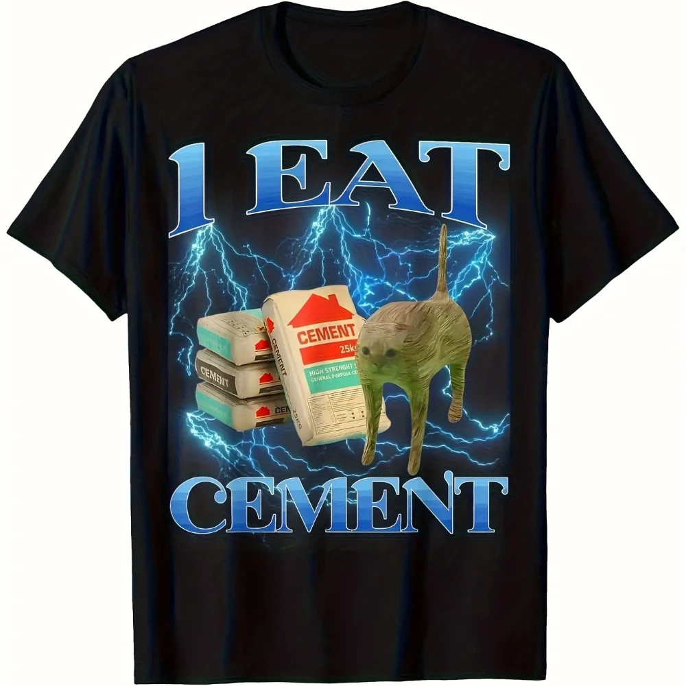 Herren-T-Shirt mit Aufschrift „I Eat Cement“, lustiges, verspieltes Design, Cartoon-Welpen-Zementmuster, auffällige blaue Blitz-Kurzarm-T-Shirts
