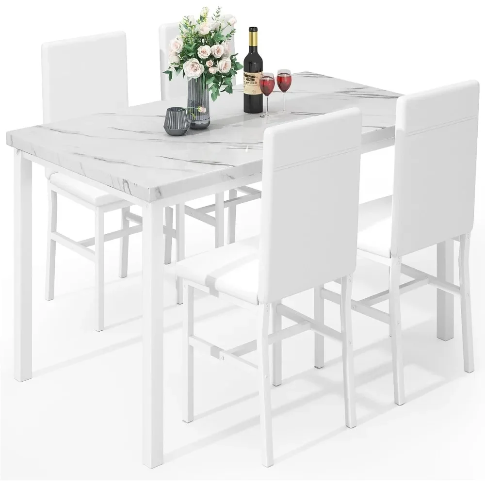 

Dining Table Set for 4, Space Saving Kitchen Table and Chairs for 4, 5 Pieces Faux Marble Dining Room Table Set