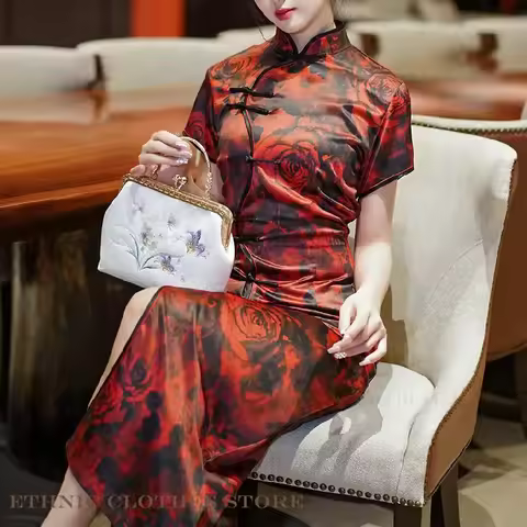 Traditional Chinese Long Qipao Print Flower Satin Chinese Dress Cheongsam Vintage Classic Qipao Vestidos Evening Party Dress 3XL