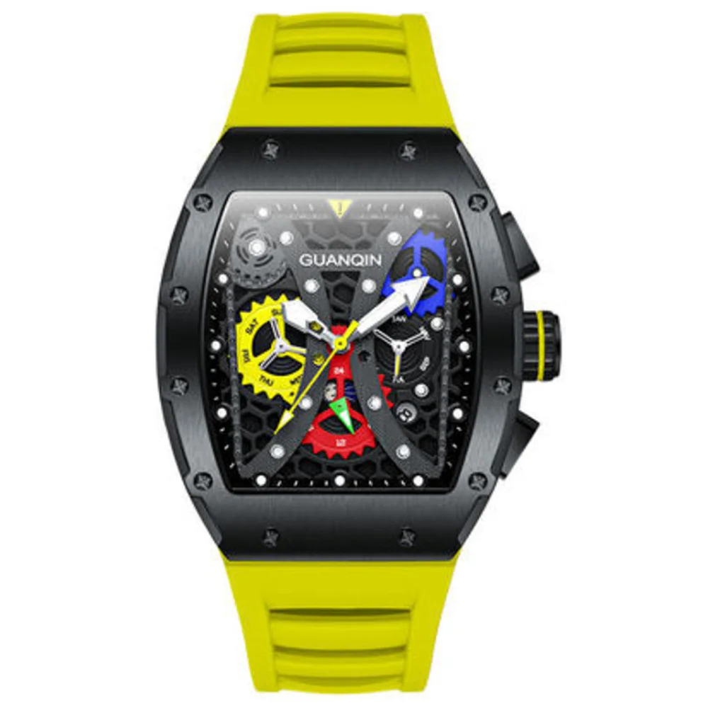 GUANQIN Skeleton Automatic Mechanical Men Watch Luminous Tourbillon Sapphire Crystal Rubber Band Tonneau Shape Day Date Month