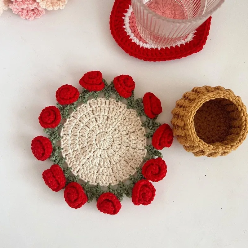 Handmade Crochet Rose Coaster Creative Flower Coaster Birthday Gift Idea DIY Bouquet Style Cup Mat for Home Decor Wedding Favor