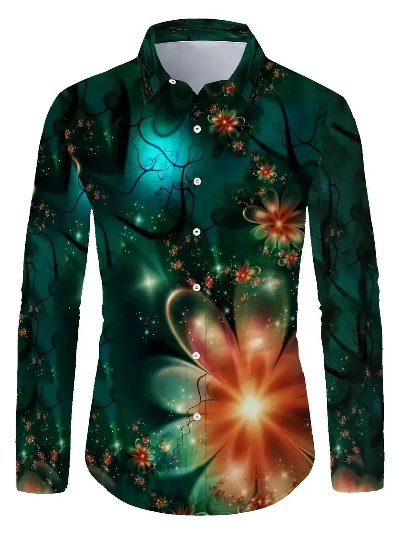 Fashionable Men's Casual Grid Long Sleeve Shirt Comfort Top Flower Leaf Pattern 3D Printed Men's Shirt Top