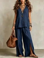 Summer Lazy Style Suit Women's Solid Color Sleeveless V-neck Top Split Draped Wide Leg Pants Two-piece Set for Seaside Holiday - Image 6