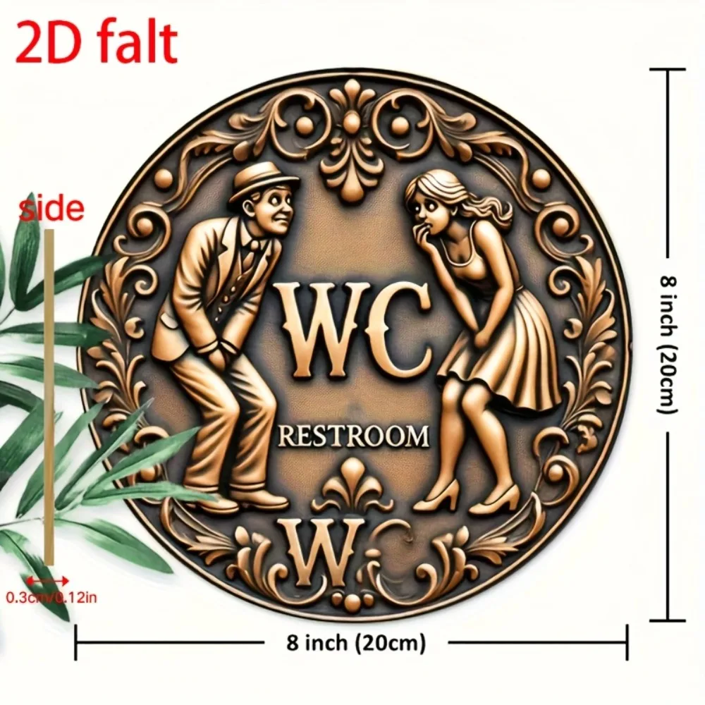2D Flat Vintage Round Wooden Toilet Sign - 2D Wall Art, Easy to Hang, Home Kitchen Bathroom Hotel Office Decor