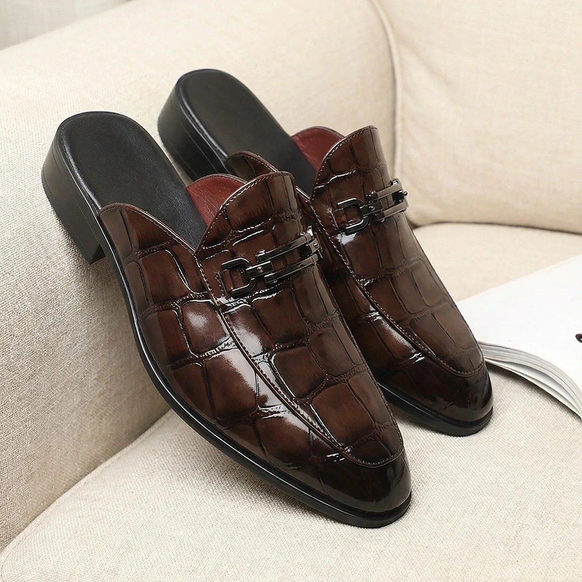 Men's Big Size 47 48 Crocodile Embossed Mules Slip-On Closed Toe Backless Loafers Casual Comfort Flat Leather Shoes