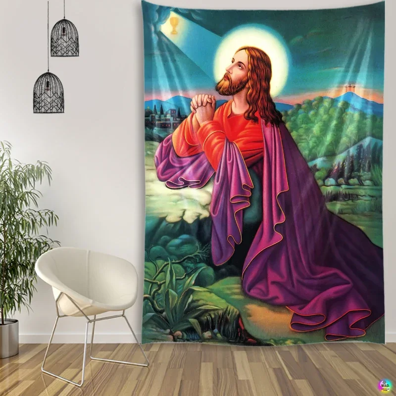Jesus Pray Tapestry Easter Christmas Nativity Scene Christ Wall Decor Christian Believers Wise Men Wall Hanging Home Decoration