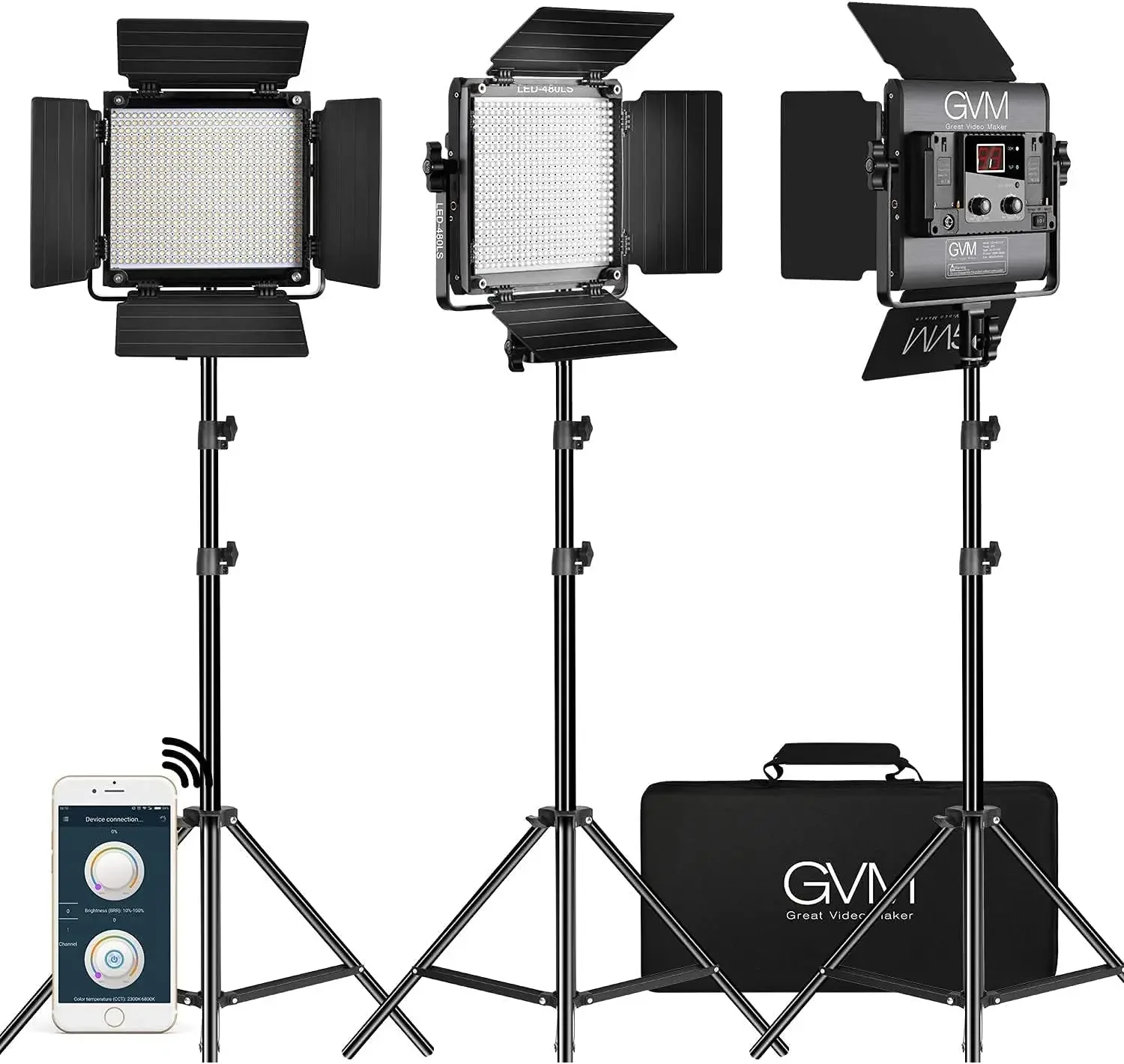 3 Pack LED Video Lighting Kits with APP Control, Bi-Color Variable 2300K~6800K with Digital Display Brightness of 10~100% fo