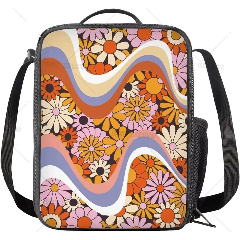 Swirl Wavy Hippie Flower Lunch Tote Bags Kids Girls Insulated Lunchbox Thermal Cooler Lunch Pouch Back To School Easy To Clean