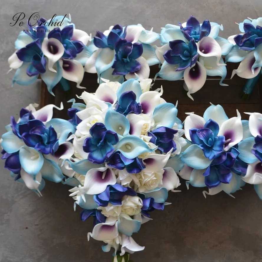 

PEORCHID Blue Purple Bridal Bouquets Flowers Buque Noiva Grande Calla Lilies Ivory Roses Orchids Cascading Wedding Bouquets Set