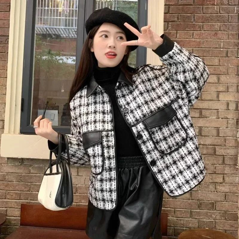 Retro Baggy เสื้อแจ็คเก็ตสั้นฤดูใบไม้ผลิใหม่ผู้หญิงเกาหลีสไตล์การออกแบบ Sense Houndstooth Outcoat แฟชั่นอเนกประสงค์ Outwear