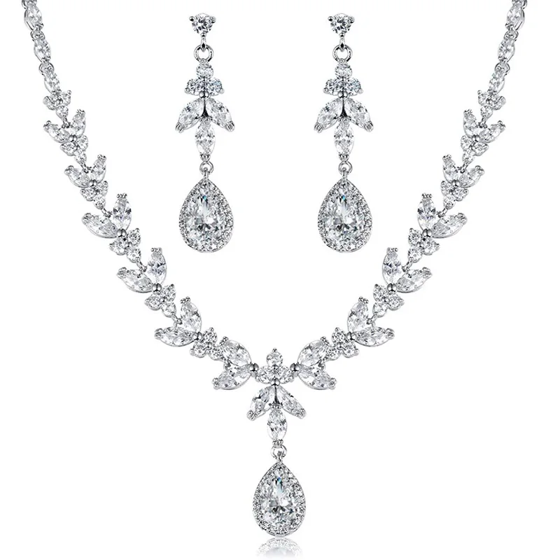 WEIMANJINGDIAN Brand Blue Teardrop and Marquise Cut Cubic Zirconia CZ Crystal Necklace and Earrings Bridal Wedding Jewelry Set