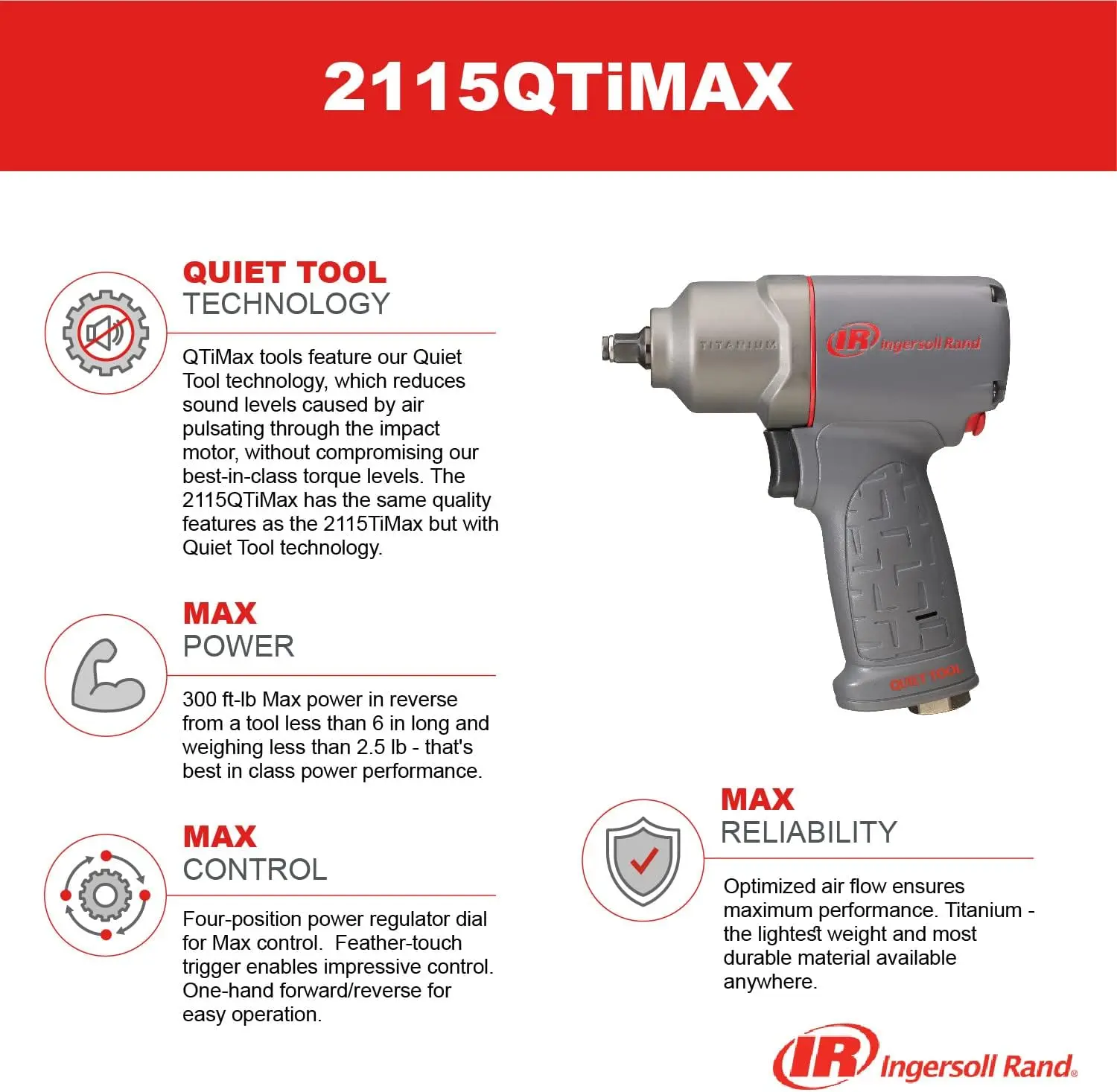 Ingersoll Rand 2115QTiMAX 3/8” Drive Air Impact Wrench, Quiet Tool, Lightweight 2.5 lb Design, Powerful Reverse Torque Output Up