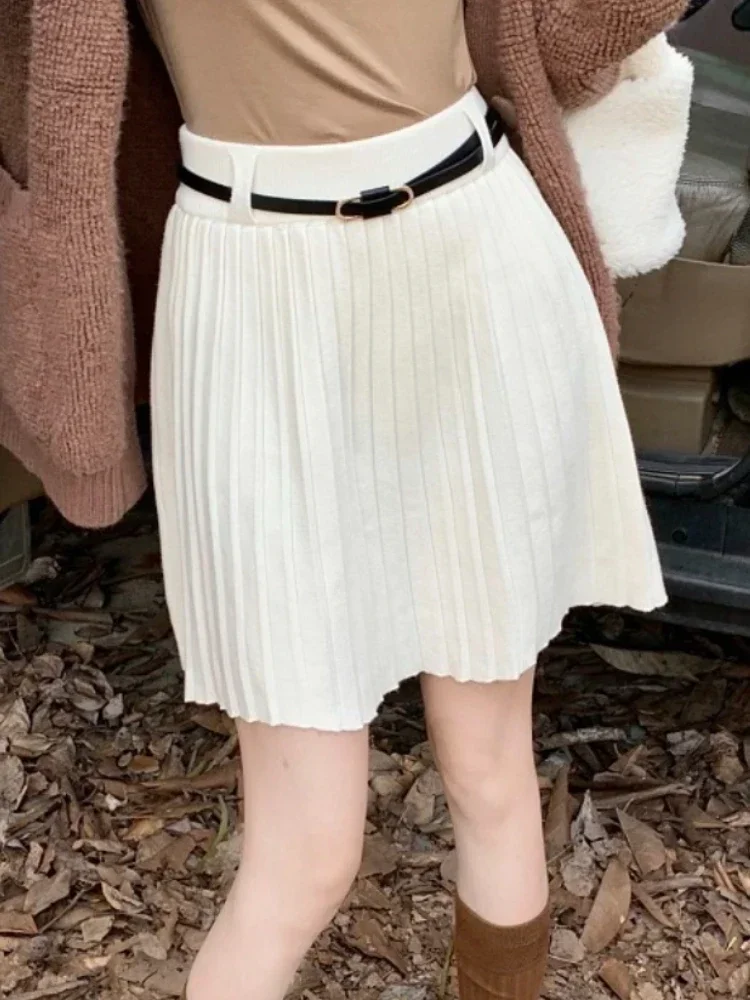 Gestrickte Röcke für Frauen, koreanischer Adrette, A-Linie mit Gürtel, schmaler Minirock, 2025, Herbst, neue Mode, Faltenrock mit hoher Taille