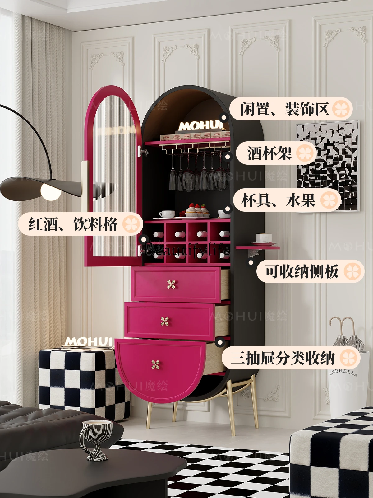 خزانة النبيذ ذات الباب الواحد، خزانة جانبية متكاملة من زجاج تشانغهونغ باللون الأحمر #2