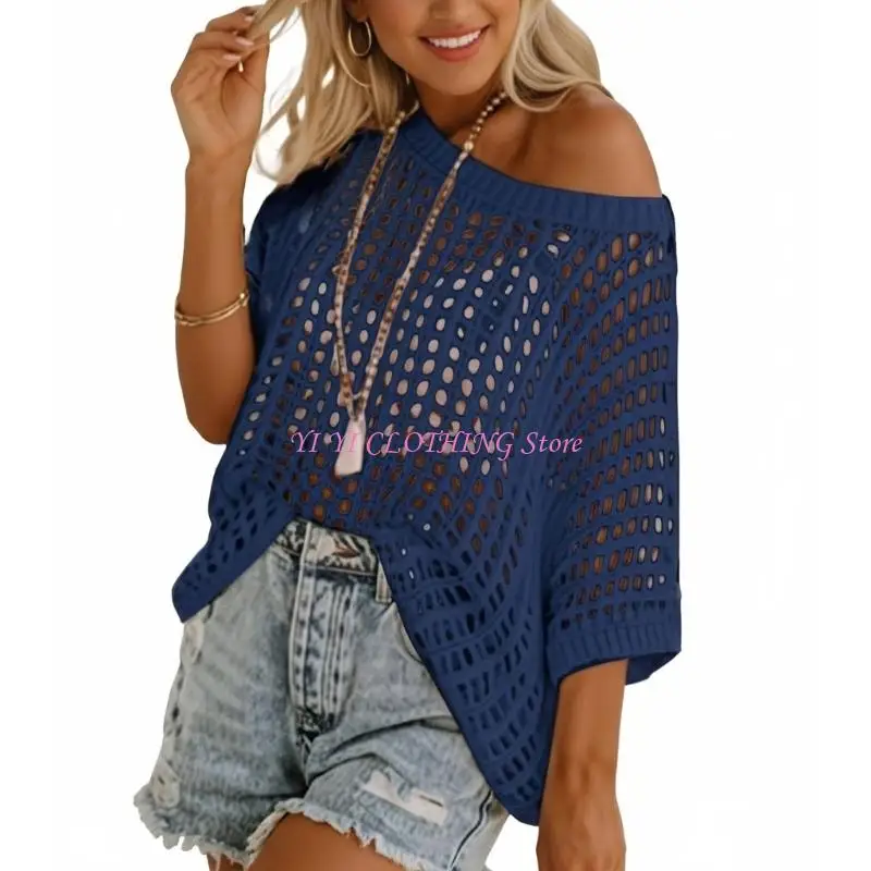 N5KF Women's round neck short-sleeved sweater casual crochet openwork knit top pullover beach cover-up