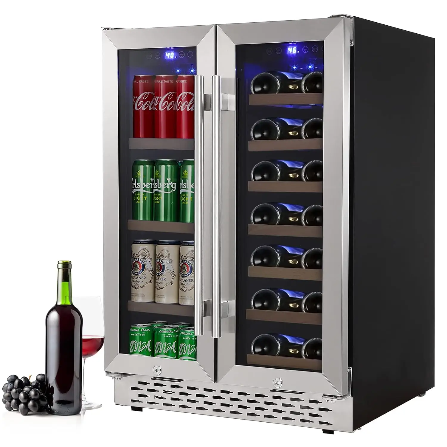 

Metal Embedded Wine Cellar - 24'' Dual Zone Fridge with Glass Door, 55 Cans and 20 Bottles,Liquor Cabinet, Wine, Customized