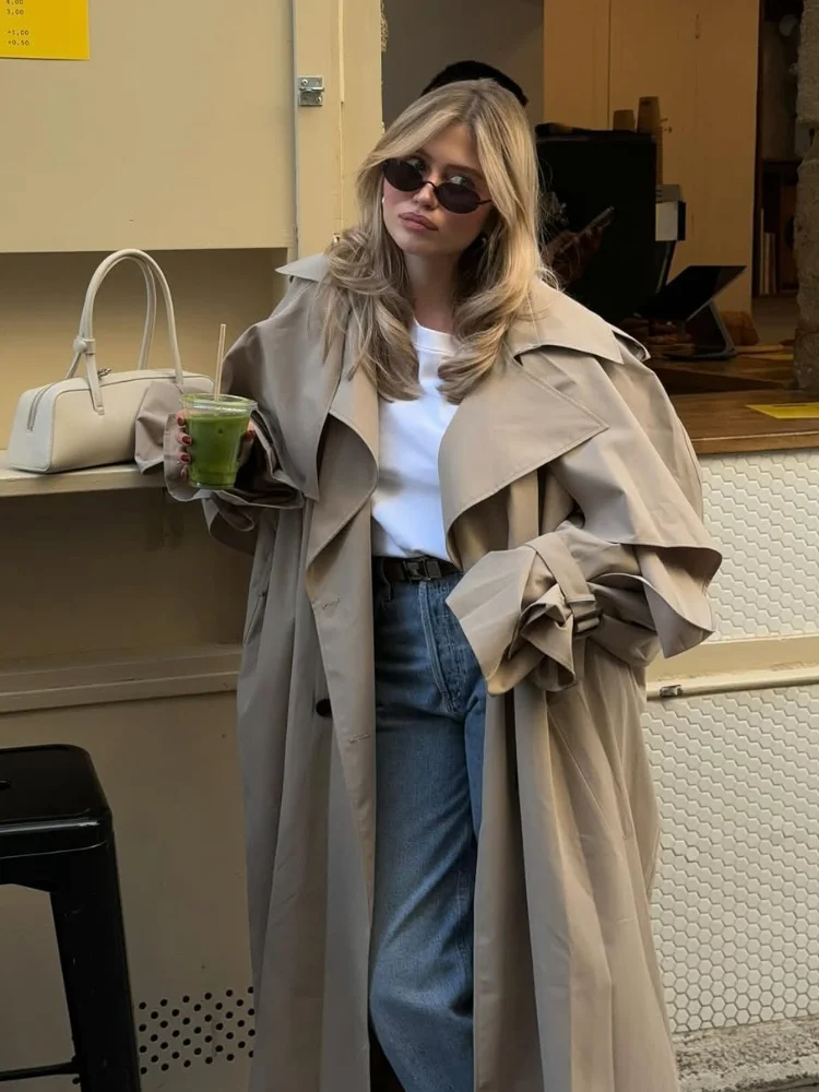 Women Casual Lace Up Long Trench Coat Chic Solid Color Full Sleeve