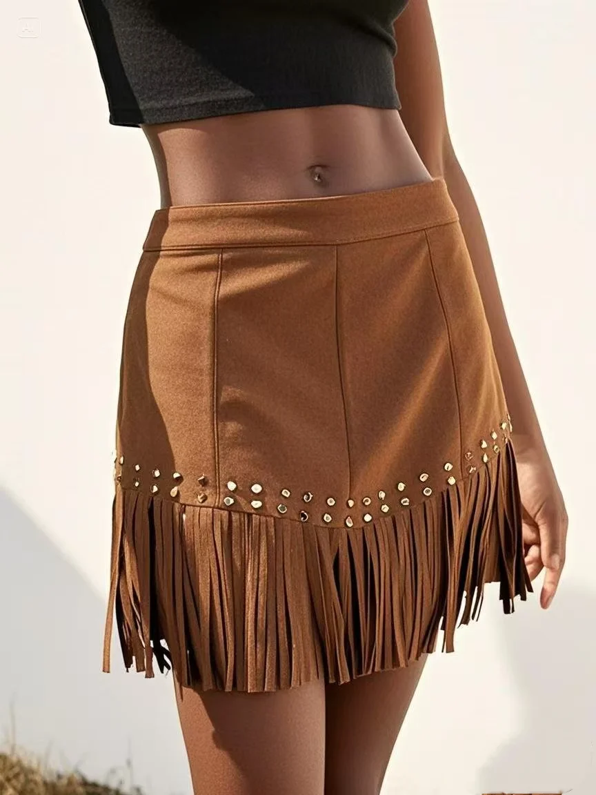 Women Faux Suede Fringe Mini Skirt Gold Stud Decor High Waist Western Style Short Skirt for Party Festival