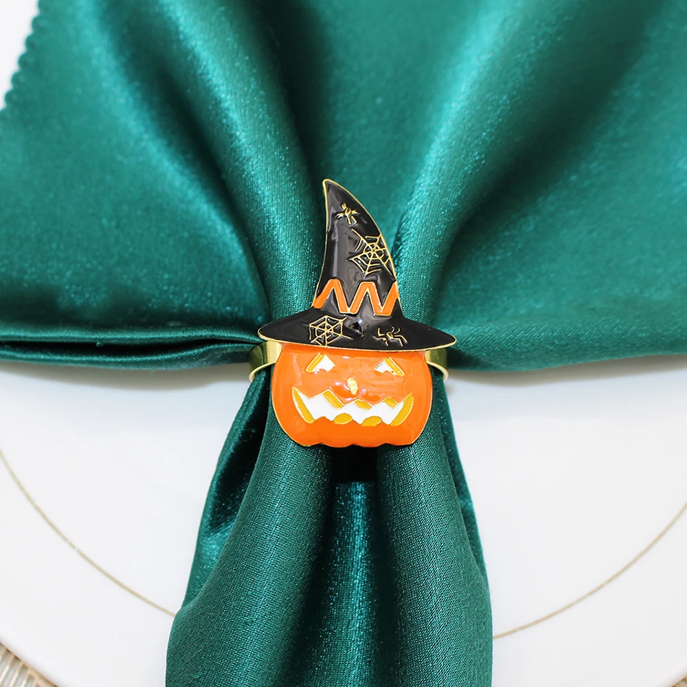 Halloween Napkin Ring for Thanksgiving, Horror Assustador, Laranja Abóbora, Black Witch Hat, Guardanapo Titular Anel, Holiday Party, HWH45, 6pcs