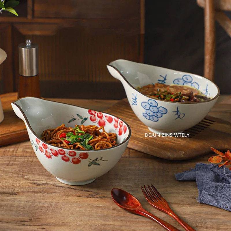 1000ml Hand-painted Ceramic Noodle Bowls Underglaze Color Large Capacity Ramen Bowl Exquisite Fruit Salad Bowl Kitchen Tableware
