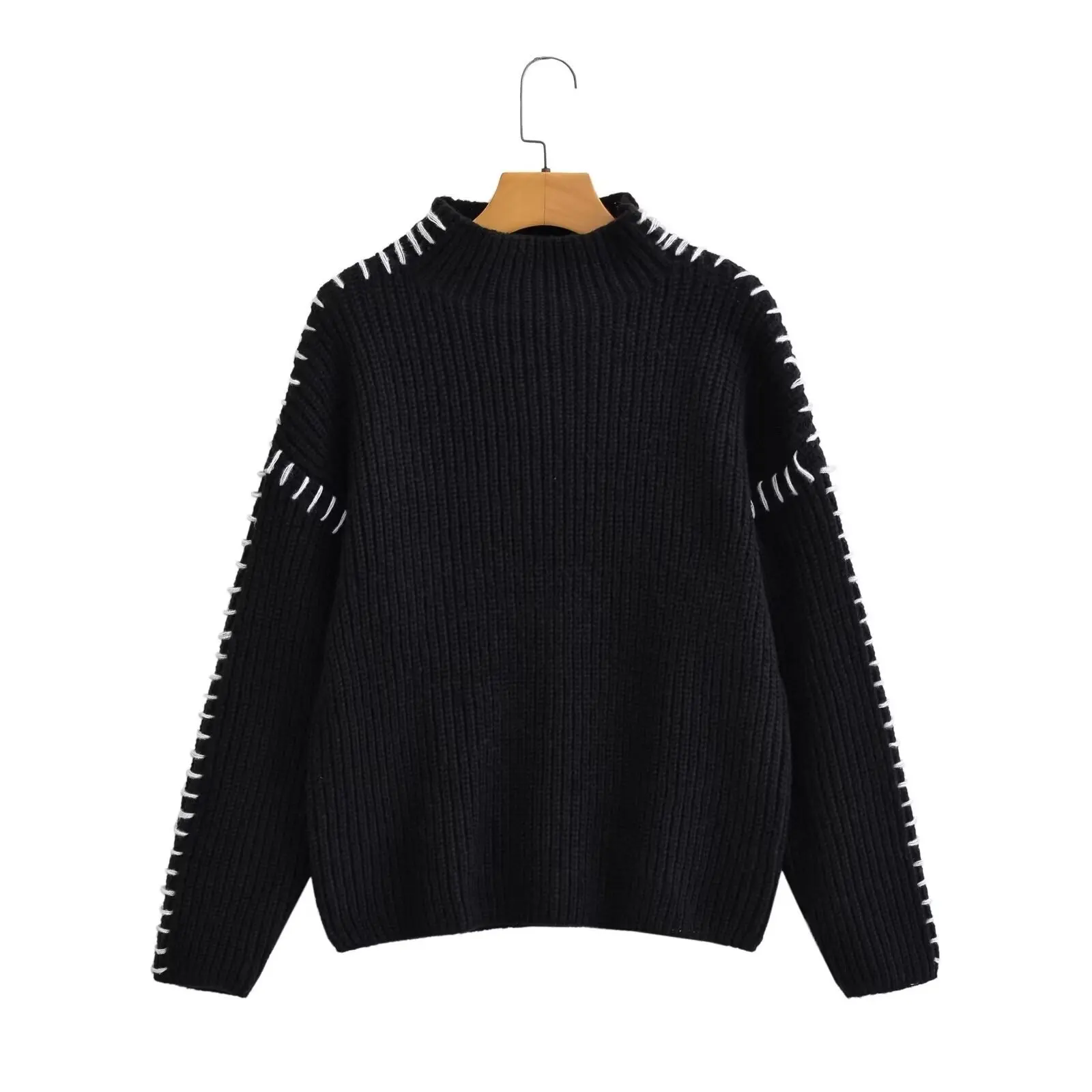 

2025 Autumn Winter New European And American Cross-Border Women's Street Fashion High Neck Color-Block Pullover Sweater 2198