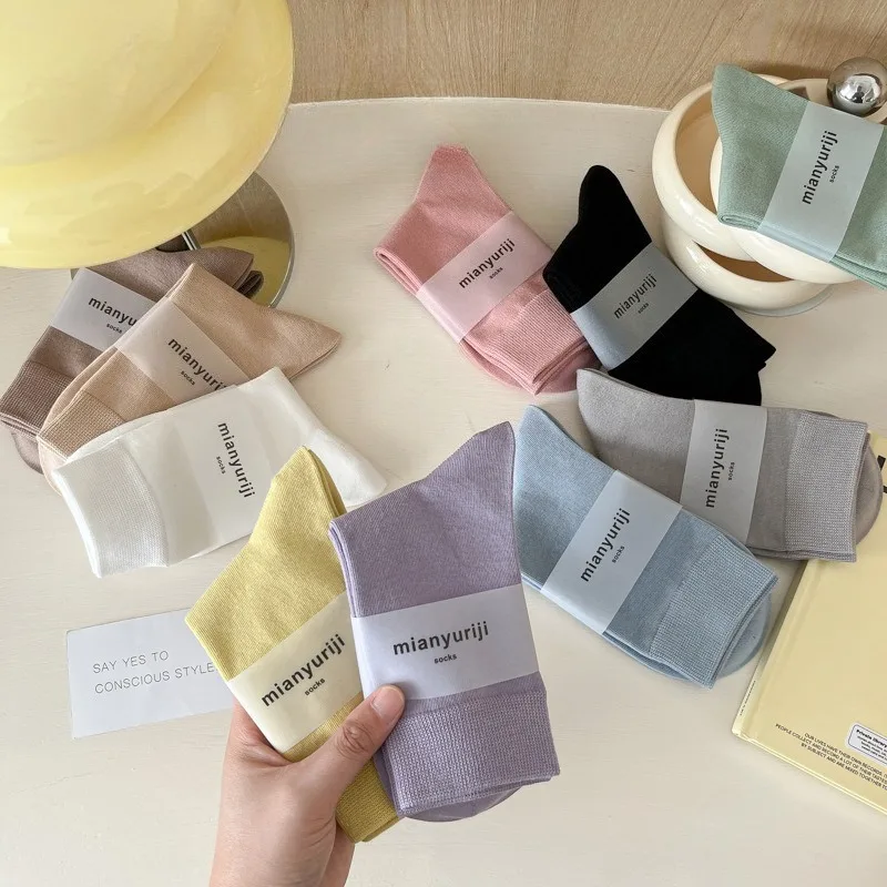 

10 Pairs Women's Mid-Calf Solid-Color Cotton Socks for Woman Japanese Style Breathable Warm Socks Set Slouch Socks High Quality