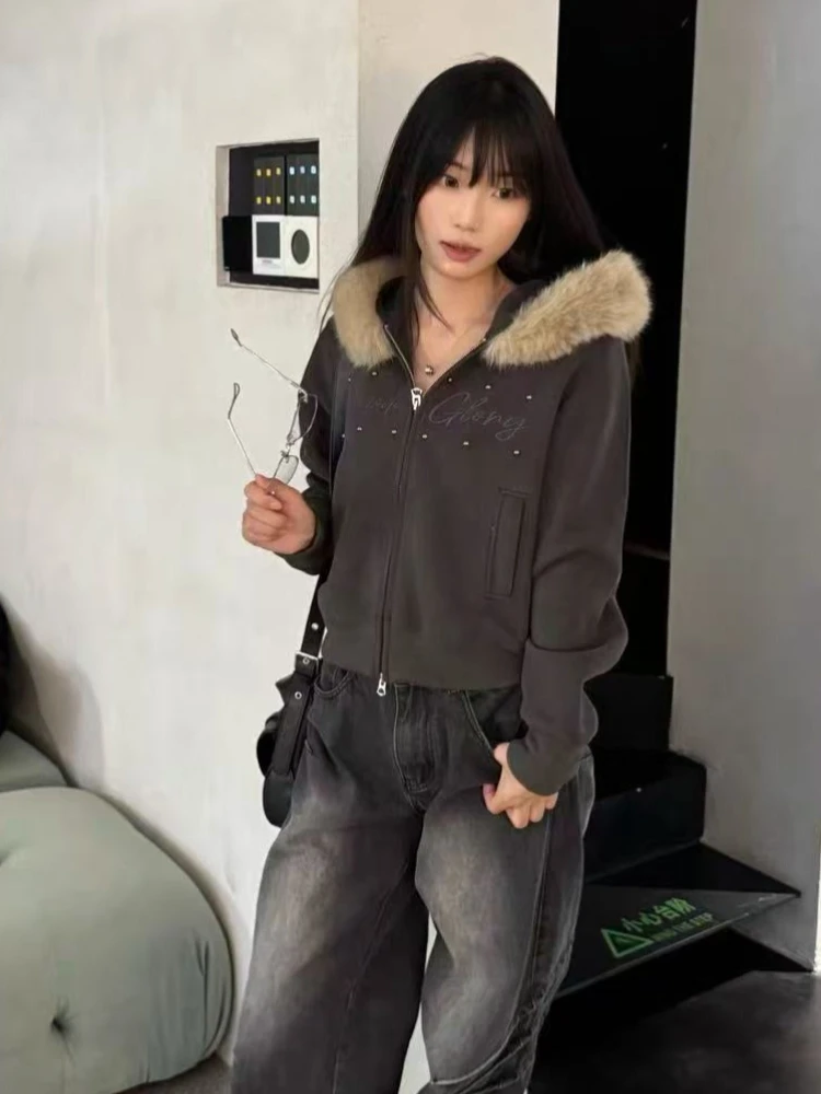 Vintage Y2K Zip Up Hoodie Women Detachable Fur Collar Cropped Rivet Decor Loose Fit Korean Fashion Casual Winter Outfit 2026